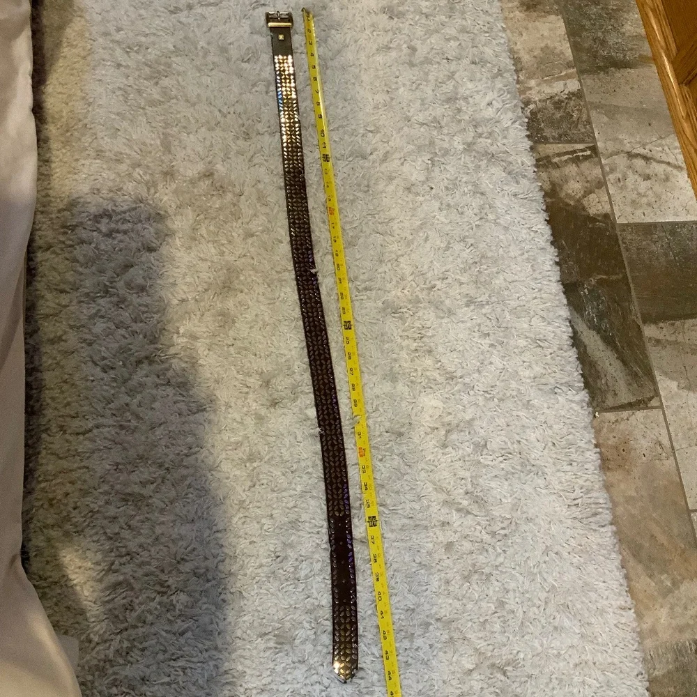 Brown Leather Studded Floral-Pattern Belt with Gold Buckle